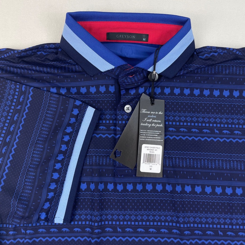 Greyson Spirit Chaser Polo Mens M Raven Blue Wolf Print Golf Shirt MFA22K21 401